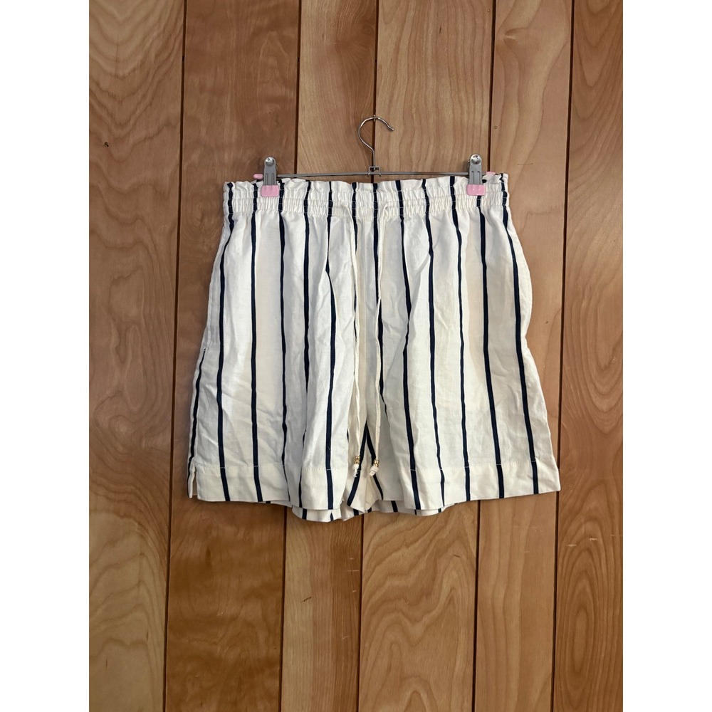 H&M Women Striped Linen Blend Paperbag Waist Shorts Cream Navy Blue Small NWT